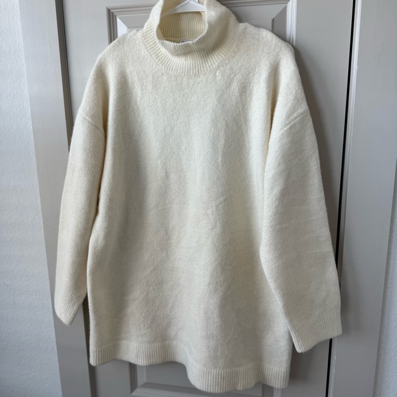 Zara Wool Blend Turtleneck Mini Knit Dress In Oyster White Size Large - Picture 3 of 9
